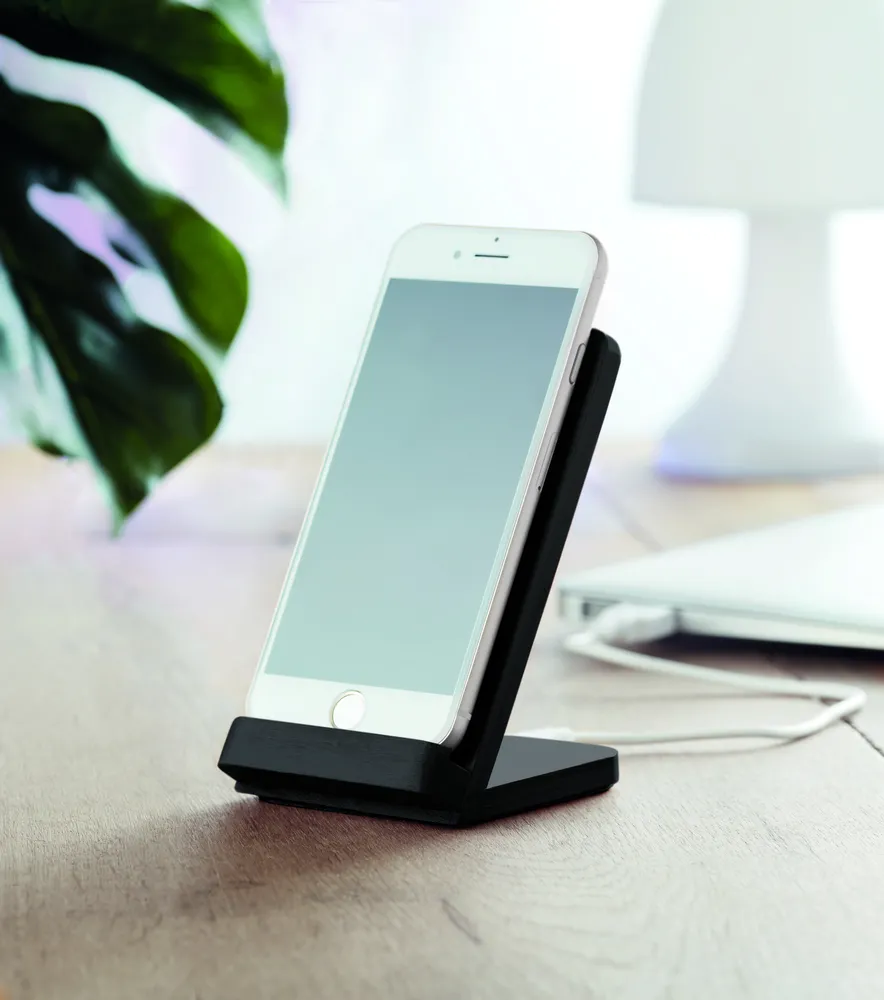 Wirestand · Draadloze bamboe oplaadstation – Zwart