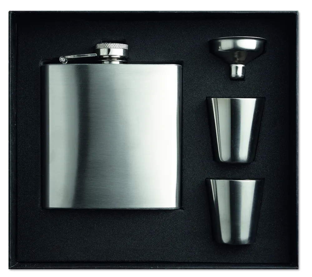 Slimmy Flask Set · Heupfles met bekertjes – Mat zilver